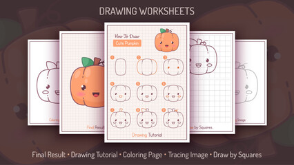 How to Draw a Pumpkin. Step by Step Drawing Tutorial. Draw Guide. Simple Instruction. Coloring Page. Worksheets for Kids and Adults - obrazy, fototapety, plakaty