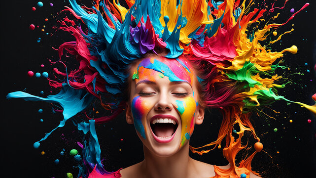 AI generated. Illustration. Acrylic paint of different colors is poured onto head of beautiful woman. Young girl laughs. Explosion of colors on head in hair. Blot instead of hair. Girl stained with