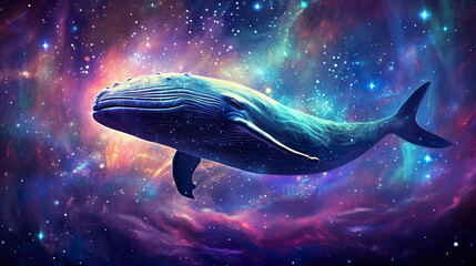 colorful stylish illustration of fantastic whale swimming in outer space with stars and nebulas, fantasy mammal in colourful cosmos - obrazy, fototapety, plakaty