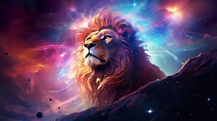 magic fantasy portrait of lion sitting in open space with stars and nebulas, king of nature in colorful cosmos