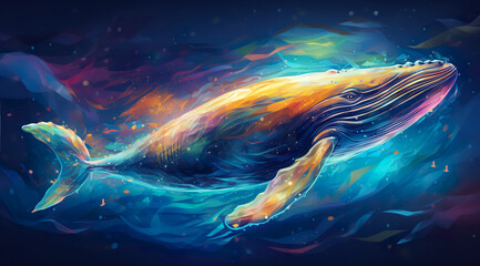 colorful illustration of magic fantasy whale swimming in open space or underwater - obrazy, fototapety, plakaty