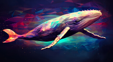 colorful illustration of magic fantasy whale swimming in open space or underwater