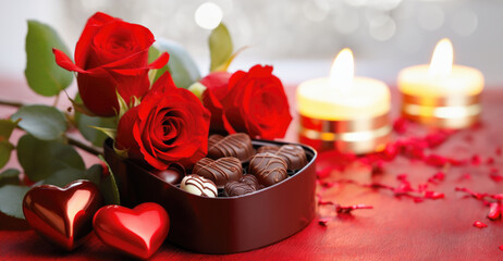 Obraz na płótnie Canvas Romantic Valentine's Day Composition with Red Roses and Heart-Shaped Chocolate Box