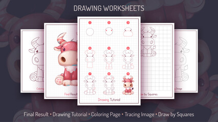 How to Draw a Bull. Step by Step Drawing Tutorial. Draw Guide. Simple Instruction. Coloring Page. Worksheets for Kids and Adults. Vector eps 10.