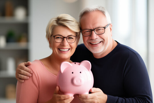 Middle Aged Couple At Indoors Holding A Piggybank