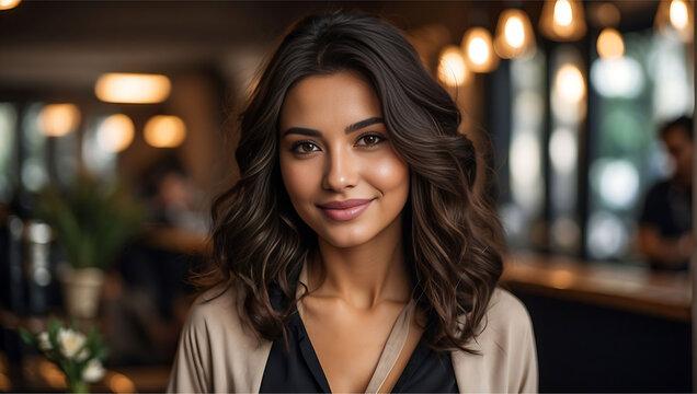 Beautiful young french barist woman smiling in a caf&eacute; 