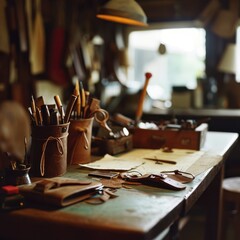 A rustic artist's workbench with leather crafting tools, materials, and projects suggesting a traditional leatherworking environment.