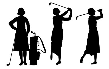 Three silhouettes of young female golfers in thirties clothes.
