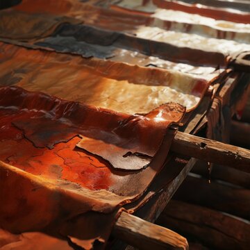 Sunlight highlights leather hides drying on racks after the tanning process.