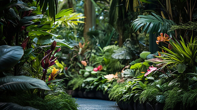 tropical garden with palm trees HD 8K wallpaper Stock Photographic Image 