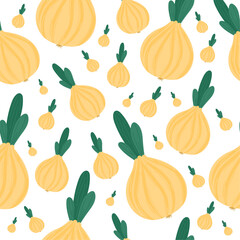 Cartoon onion pattern on isolated background. Cute yellow onions, green leaves. For children's textiles, comic characters, cartoons.