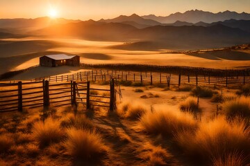 sunset in fields in summer near mountains