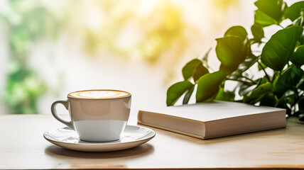 Close-up view of cup of coffee and notebooks on wooden table 