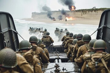 Normandy Beaches: Remembering war, the Sacrifice and Heroism of WW2 Soldiers, explosions, storming - obrazy, fototapety, plakaty
