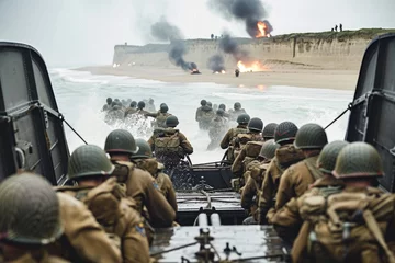 Fotobehang Normandy Beaches: Remembering war, the Sacrifice and Heroism of WW2 Soldiers, explosions, storming © Mr. Bolota