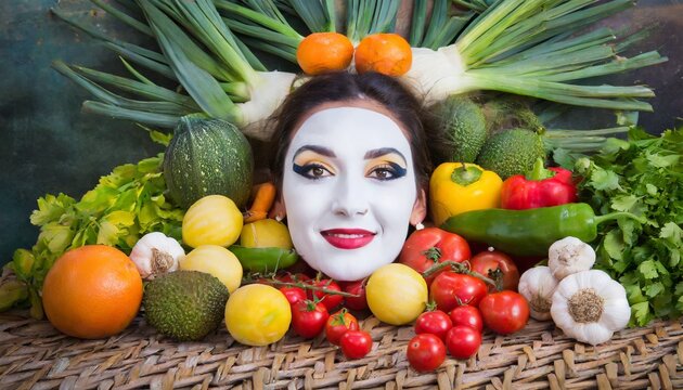 Woman's head with white painted face surrounded by fruits and vegetables. Offbeat image.