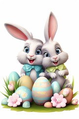 Fototapeta premium couple of cute Easter Bunnies in pastel colors, with a pile of Easter eggs