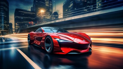 Bright red futuristic car driving in modern city, motion blur, long exposure