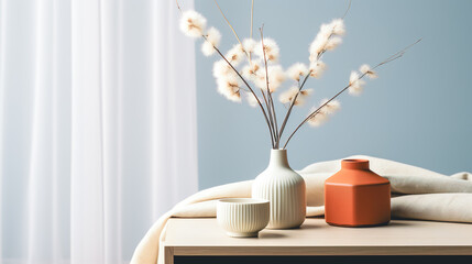 Stylish ceramic vase set on the table on wall background.