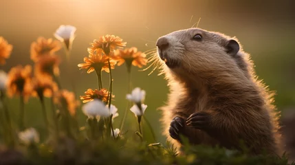 Photo sur Plexiglas Écureuil Groundhog marmot at dawn near the bright orange spring flowers standing on his back feet looking for shadow
