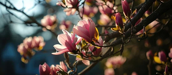 Fotobehang Buds rest beneath the sky, on a magnolia tree. © AkuAku