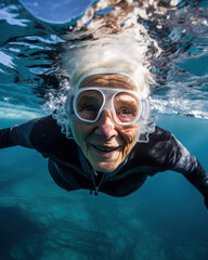 Senior woman diver  diving in the ocean. Ai Generative
