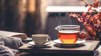 Hot tea in a cup on a blurred background of the room interior.