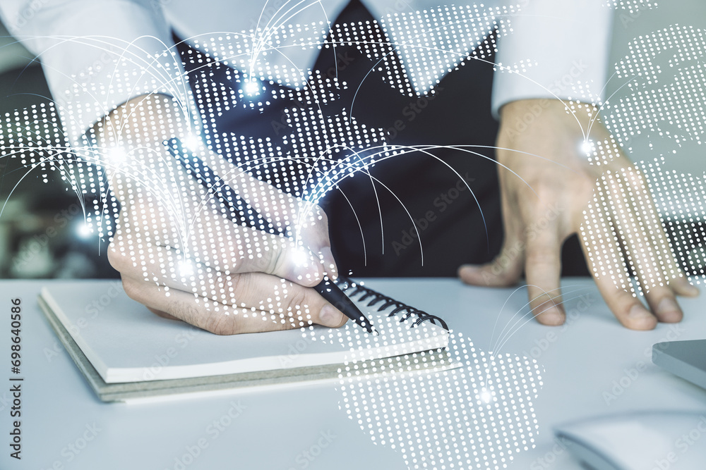 Aufkleber double exposure of abstract digital world map with connections and hand writing in notebook on backg