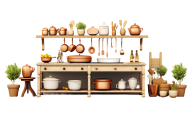 Exploring the Allure of a Cottage-Style Kitchen Adorned with Cozy Furnishings On a White or Clear Surface PNG Transparent Background.