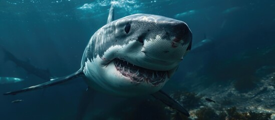 A massive shark approaches the camera. - obrazy, fototapety, plakaty