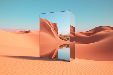 Landscape, graphic resources concept. Abstract and surreal background of glass mirror object placed in sand desert dune. Clear blue sky with copy space. Blank product placement background