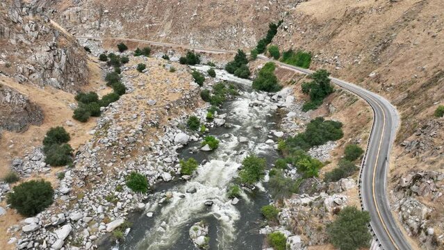 Aerial shot of river rapids on the Kern River in the Southern Sierra Nevada Mountains in California.