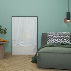 black frame mockup in modern green living room. White poster with green couch and wood side table, 3d render