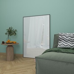 Black frame mockup on wood floor in blue living room scene. Blank poster with wooden side table and green sofa. 3D render
