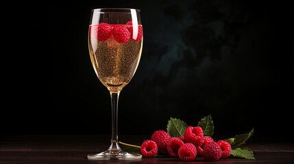 Elegant Champagne Glass with Fresh Raspberry - Close-Up of Sparkling Wine for Romantic Celebrations, Luxury Events, and Festive Occasions.