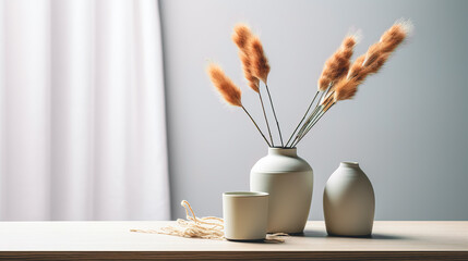 Stylish ceramic vase set on the table on wall background.