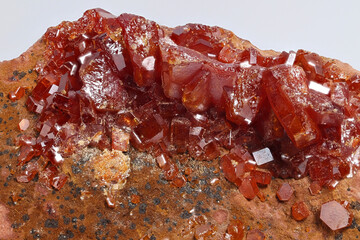 Red crystals of vanadinite.  Vanadinite is a phosphate mineral and one of the main industrial ores of the metal vanadium