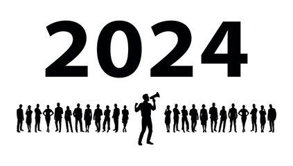 Businessman speaking through megaphone speaker in front of crowd business people welcoming the year 2024 vector silhouettes. Motivator  - obrazy, fototapety, plakaty