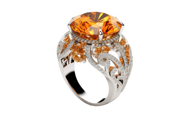 Diamond and Citrine Cocktail Ring Showcased On a White or Clear Surface PNG Transparent Background.