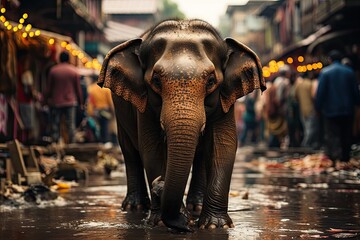 Young elephant enjoying himself and walking on the street in Thailand