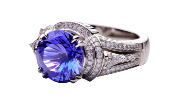 Diamond and Tanzanite Cocktail Ring Snapshot On a White or Clear Surface PNG Transparent Background.