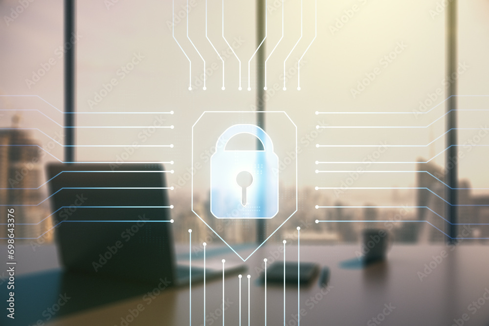 Poster double exposure of creative lock hologram with chip and modern desktop with laptop on background. in