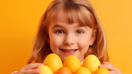 Fototapeta na wymiar 16:9 or 9:16 Cute girl playing with eggs on Easter day.for backgrounds screens greeting card or other High quality printing projects.