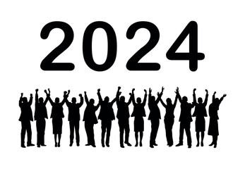 Group people standing and raising hands together welcoming new year 2024 silhouettes. Happy new year 2024 people silhouettes.