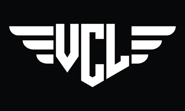 VCL three letter logo, creative wings shape logo design vector template. letter mark, word mark, monogram symbol on black & white.