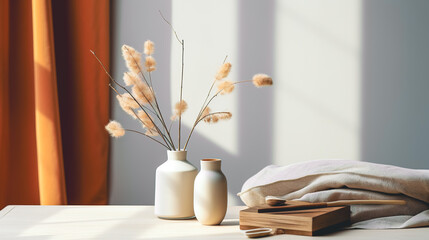 Stylish ceramic vase set on the table on wall background.
