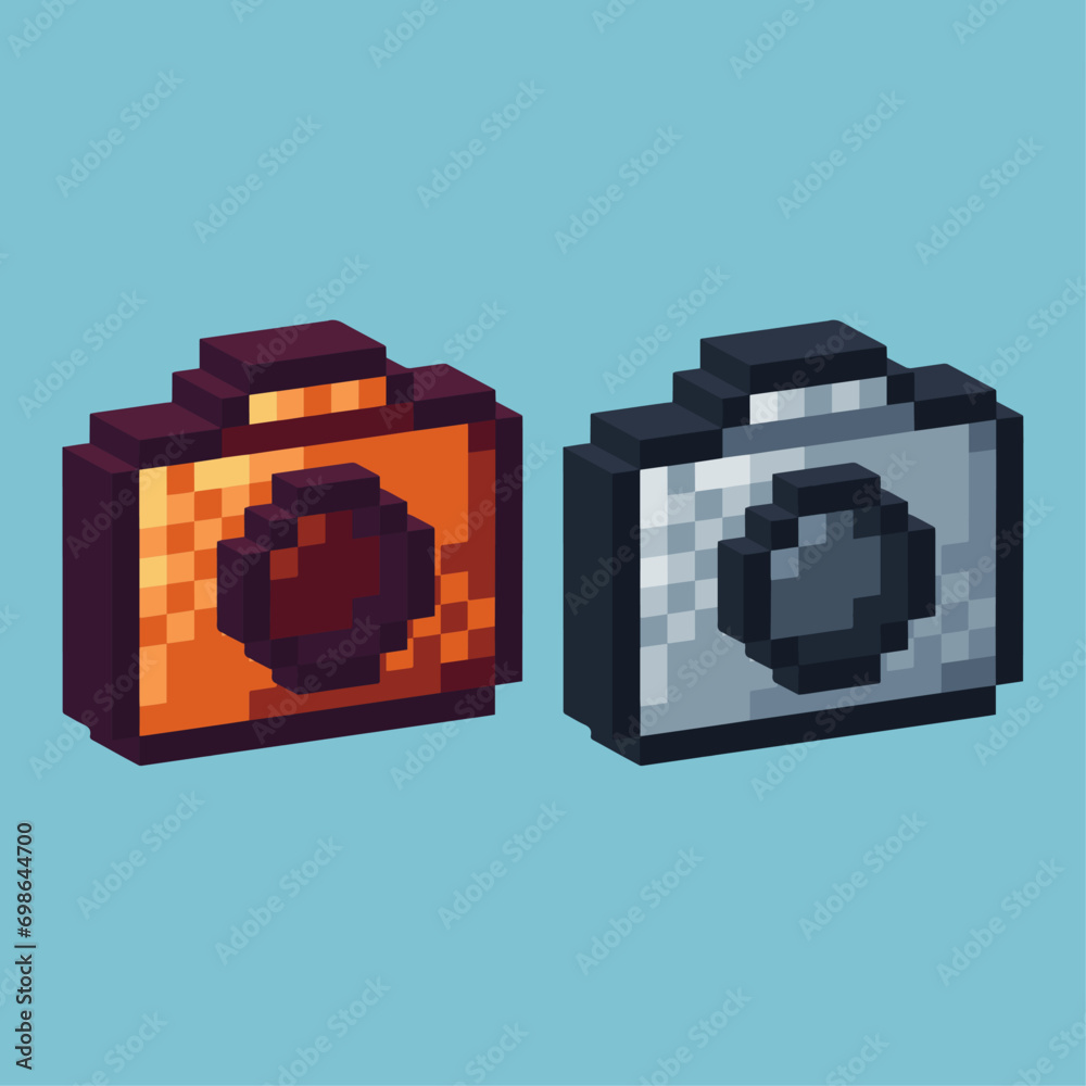 Poster isometric pixel art 3d of camera icon for items asset. camera icon on pixelated style.8bits perfect 