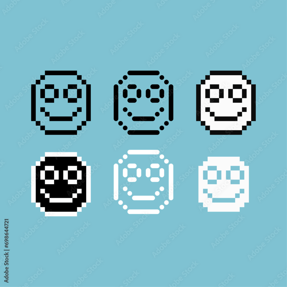 Poster Pixel art sets of happy emoji icon with variation color item asset. happy emoticon icon on pixelated style. 8bits perfect for game asset or design asset element for your game design asset