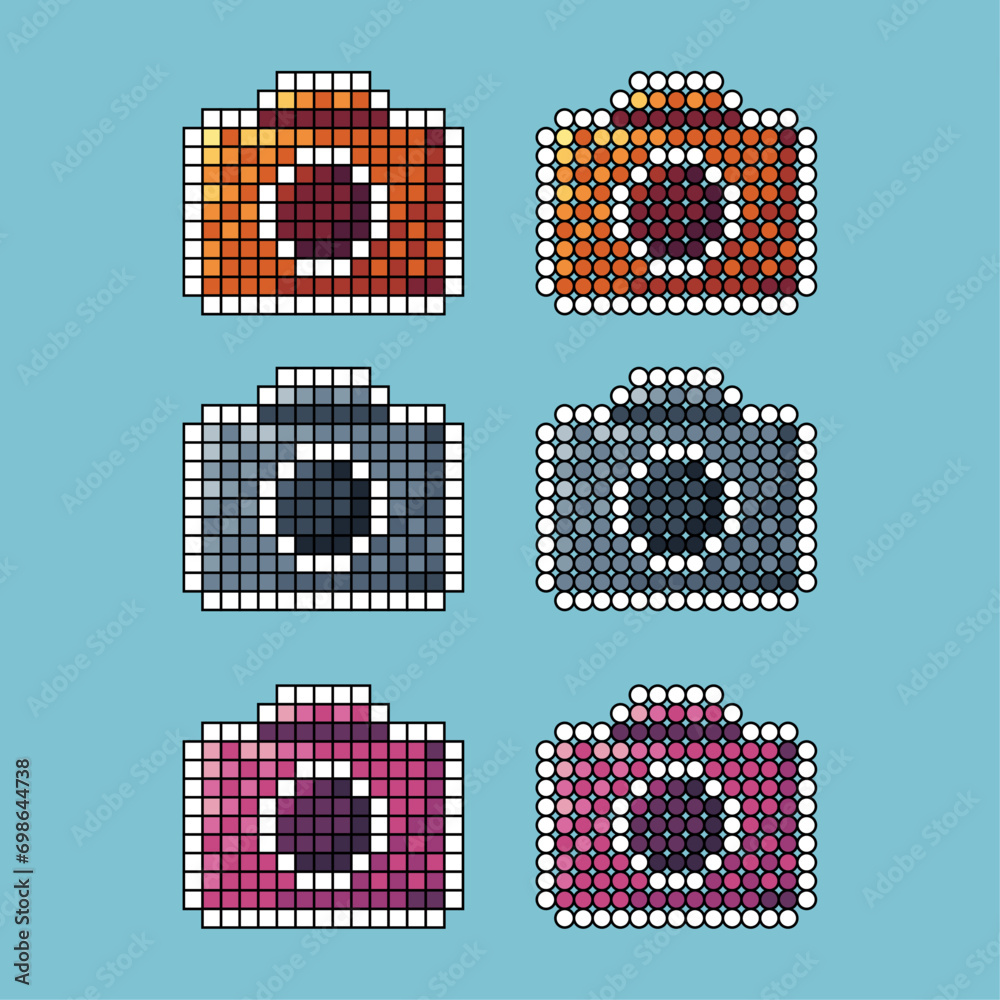 Poster pixel art sets of camera icon with variation color item asset.camera icon on pixelated style. 8bits 