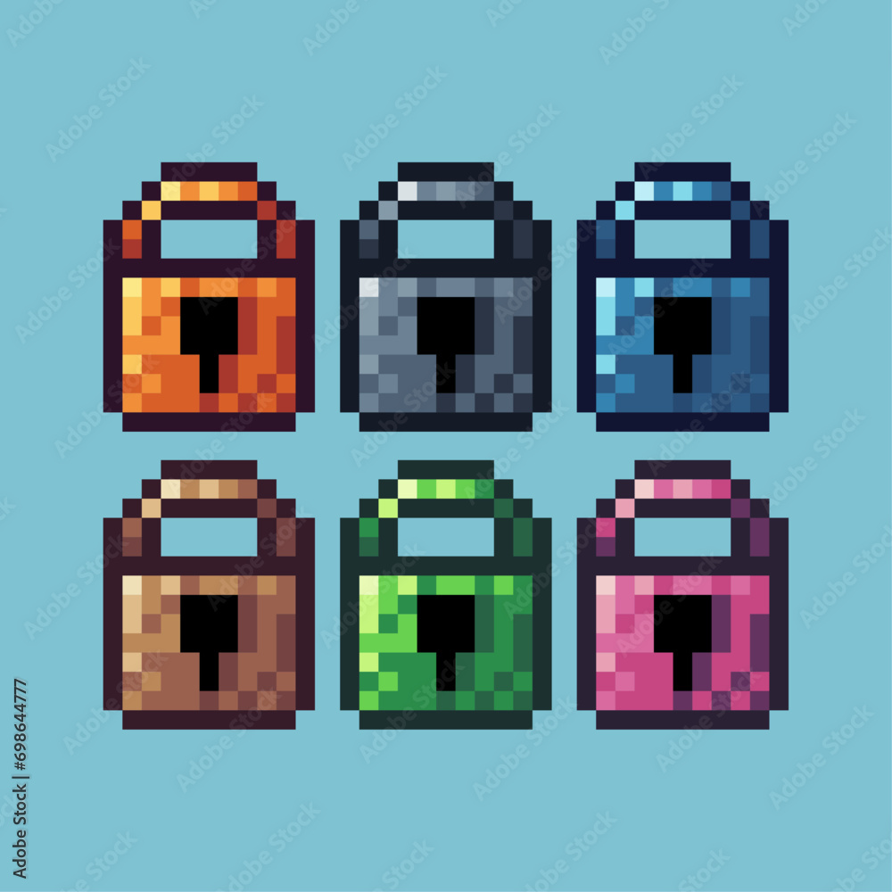 Fototapete pixel art sets of padlock icon with variation color item asset. padlock icon on pixelated style. 8bi